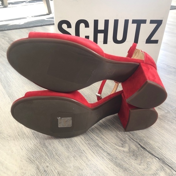 Schutz Roama Red Suede Block Heel Sandals - Picture 8 of 15